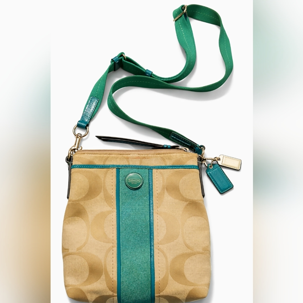 💚Coach Signature Crossbody Bag Khaki & Teal Logo Stripe Small Purse